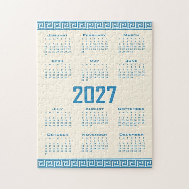 Quebra-cabeça Calendário 2027, Fretwork Grego, Azul no Cosmic La (Vertical)
