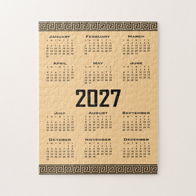 Quebra-cabeça Calendário 2027, Fretwork Grego, Preto sobre Bege (Vertical)