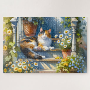 Quebra-cabeça Calico Cat no Floral Porch Cottagecore