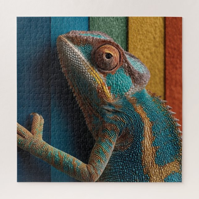 Quebra-cabeça Camaleão Colorido em Fundo de Arco-íris (Vertical)