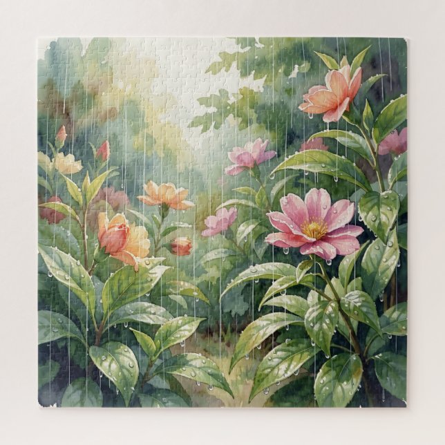 Quebra-cabeça Camélia Flores Jardim Chuvoso Aquarela (Vertical)