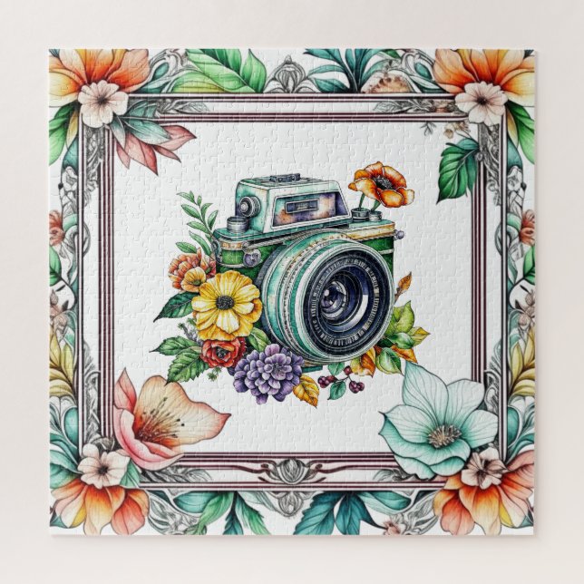 Quebra-cabeça Câmera Antiga com Flores Bonitas Aquarela (Vertical)