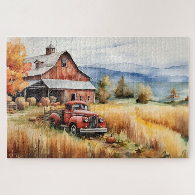 Quebra-cabeça Caminhão Antigo e Celeiro Vermelho no Outono 20x30 (Horizontal)