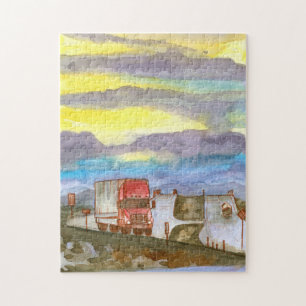 Quebra-cabeça Caminhão Semi Long Haul Motorista Sunrise
