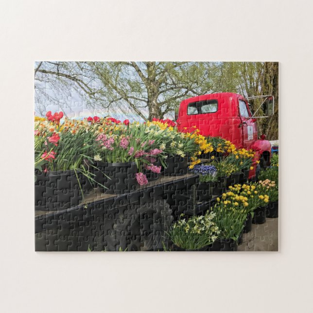 Quebra-cabeça Caminhão Vermelho com Flores de primavera e Arco-Í (Horizontal)