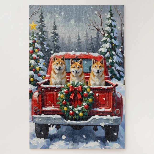 Quebra-cabeça Caminhão Vermelho de Natal Akita Feriado (Vertical)
