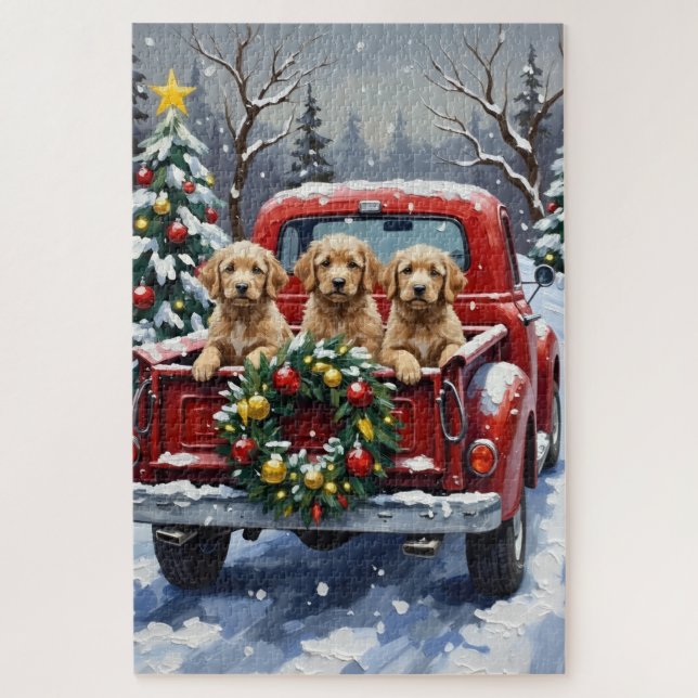 Quebra-cabeça Caminhão Vermelho de Natal Cockapoo Férias (Vertical)