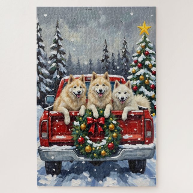 Quebra-cabeça Caminhão Vermelho de Natal Samoyed Férias (Vertical)
