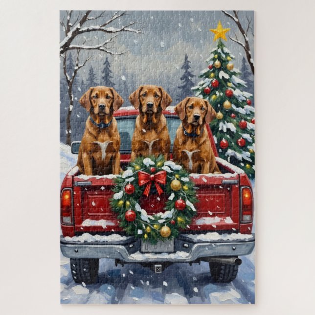 Quebra-cabeça Caminhão Vermelho de Natal Vizsla Feriado (Vertical)