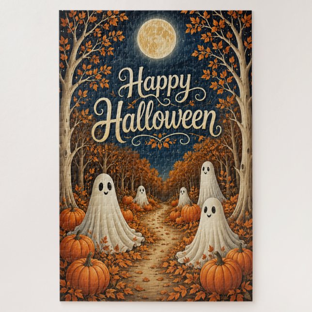 Quebra-cabeça Caminho de Abóbora Iluminado pela Lua no Halloween (Vertical)