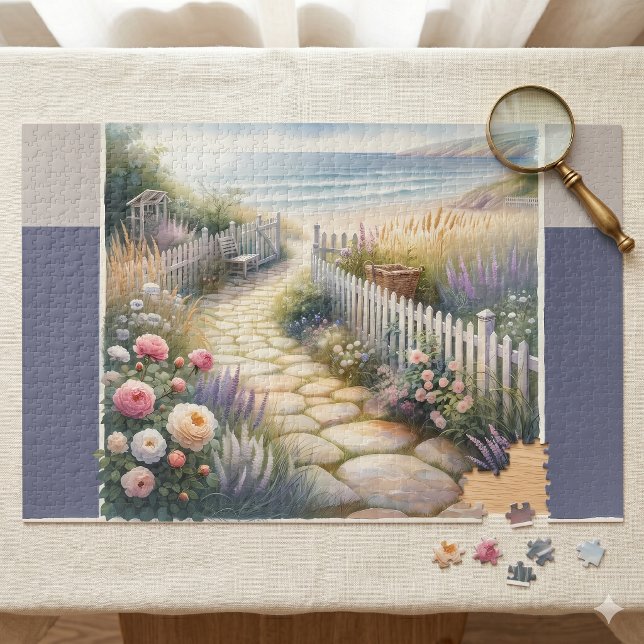 Quebra-cabeça Caminho do Jardim da Cabana até o Mar (Cottage Garden Path to the Sea Jigsaw Puzzle)
