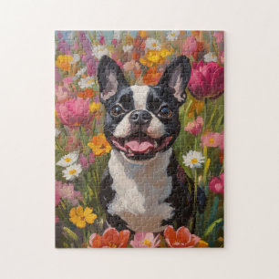 Quebra-cabeça Campo de flor selvagem Colorida de Boston Terrier