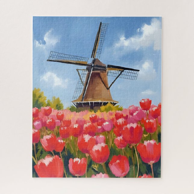 Quebra-cabeça Campo de Tulipas com Moinho de Vento Holandês em A (Vertical)