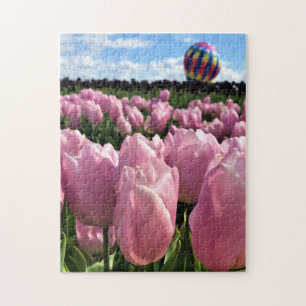 Quebra-cabeça Campo de Tulipas Rosa com Balão de Ar Quente, Oreg