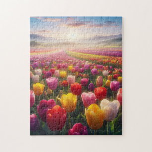 Quebra-cabeça Campo de Tulipas Vibrante no Bloom de Cheio
