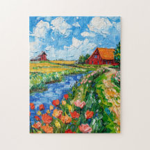 Campos de Tulipas com Celeiro e Córrego Pintura Fa
