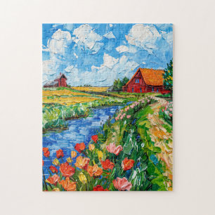 Quebra-cabeça Campos de Tulipas com Celeiro e Córrego Pintura Fa