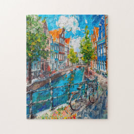 Quebra-cabeça Canal com Bicicletas e Casas Coloridas Pintura