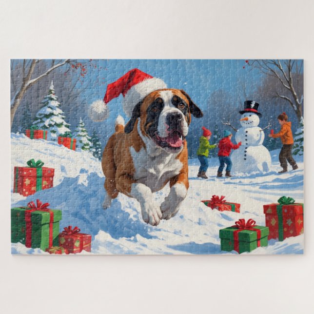 Quebra-cabeça Cane Corso Correndo na Neve com Chapéu de Natal (Horizontal)