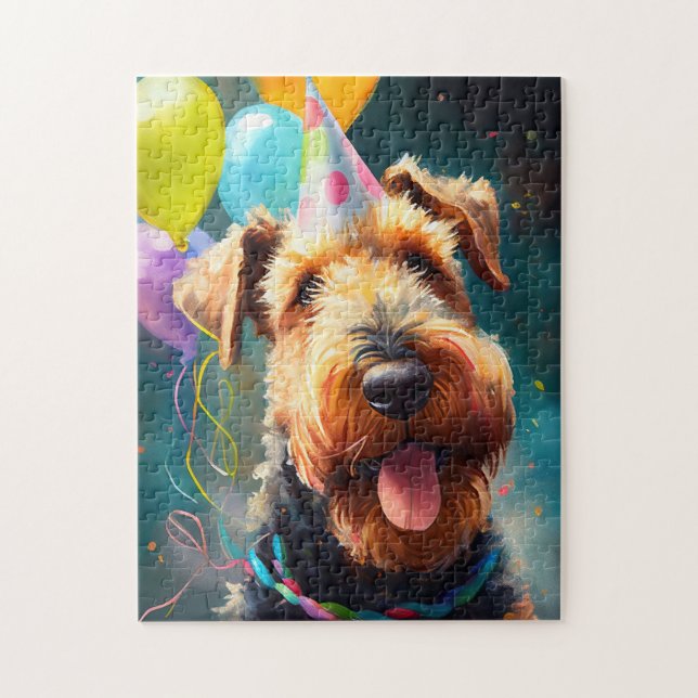 Quebra-cabeça Cão Airedale com chapéu de aniversário e balões (Vertical)