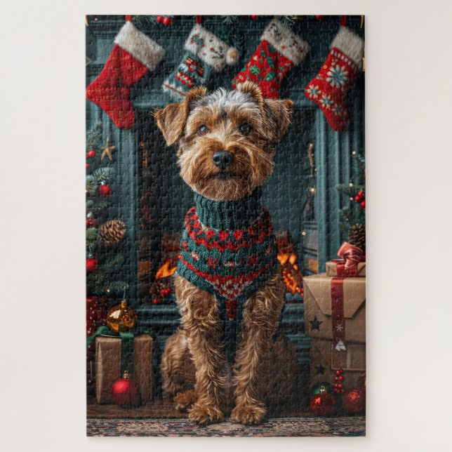 Quebra-cabeça Cão Airedale com Presentes de Natal Lareira (Vertical)
