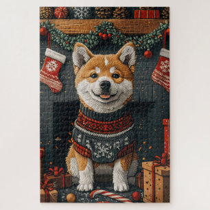 Quebra-cabeça Cão Akita com Presentes de Natal Lareira