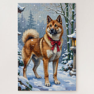Quebra-cabeça Cão Akita Sereno Inverno Japonês Natal