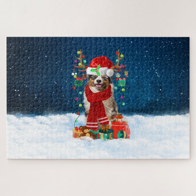 Quebra-cabeça Cão Australian Shepherd com presentes de Natal (Horizontal)
