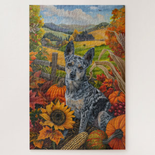 Quebra-cabeça Cão Blue Heeler Colheita de Outono Dia de Ação de 