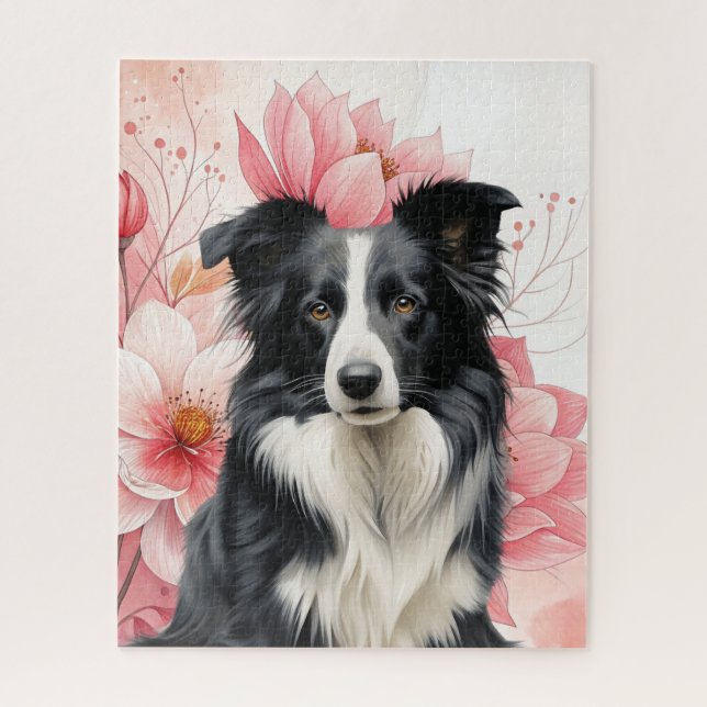 Quebra-cabeça Cão Border Collie e Lírios Rosa Ousados (Vertical)