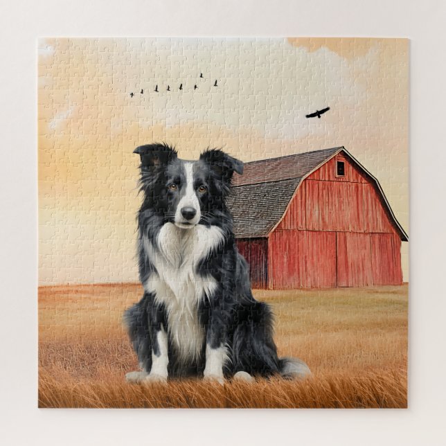 Quebra-cabeça Cão Border Collie e Rancho do Celeiro Vermelho (Vertical)