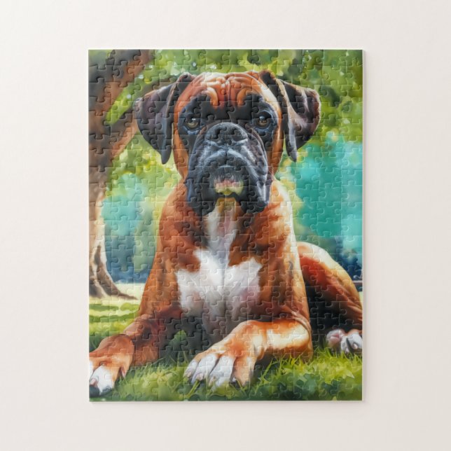 Quebra-cabeça Cão Boxer no Parque – Arte em Estilo Aquarela (Vertical)