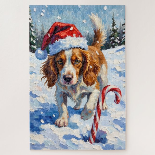 Quebra-cabeça Cão Brittany Spaniel Apontando para Doce de Natal (Vertical)
