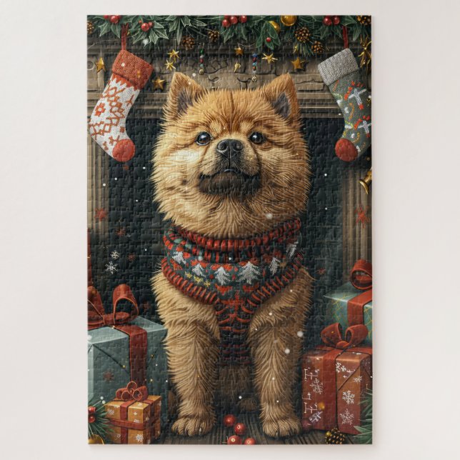 Quebra-cabeça Cão Chow Chow Com Presentes De Natal Lareira (Vertical)