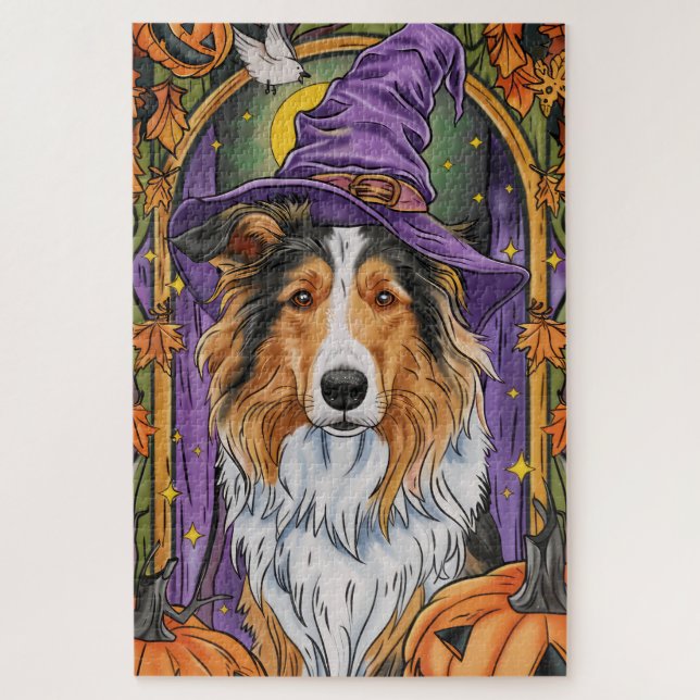Quebra-cabeça Cão Collie Áspero Assustador Abóbora Bruxa Hallowe (Vertical)