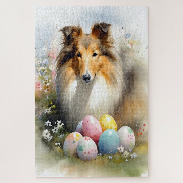 Quebra-cabeça Cão Collie Áspero com Férias de Ovos de Páscoa  (Vertical)
