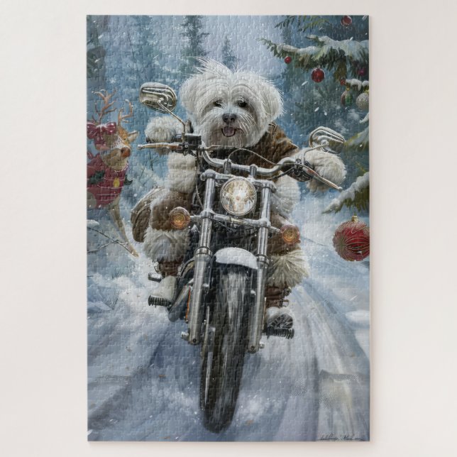 Quebra-cabeça Cão Coton De Tulear Andando de Motocicleta Natal (Vertical)