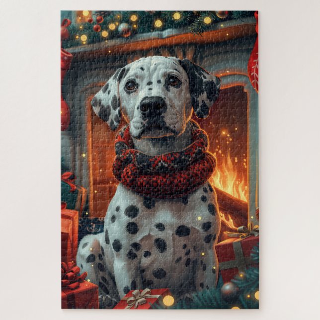 Quebra-cabeça Cão Dálmata com Presentes de Natal Lareira (Vertical)