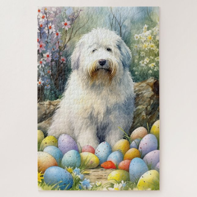 Quebra-cabeça Cão de Ovelha do Inglês Antigo com Feriado de Ovos (Vertical)