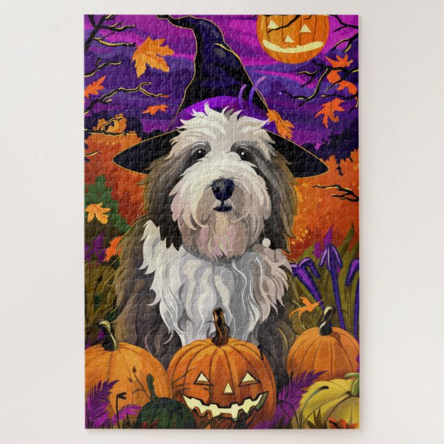 Quebra-cabeça Cão de Ovelha do Inglês Antigo Halloween Bruxa Abó (Vertical)