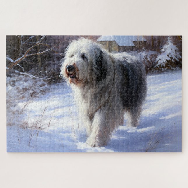 Quebra-cabeça Cão de Pastoreio Inglês Antigo Deixe Nevar Natal (Horizontal)