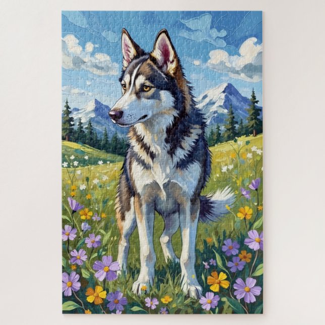 Quebra-cabeça Cão de Prado de Flores Silvestres da Primavera Hus (Vertical)