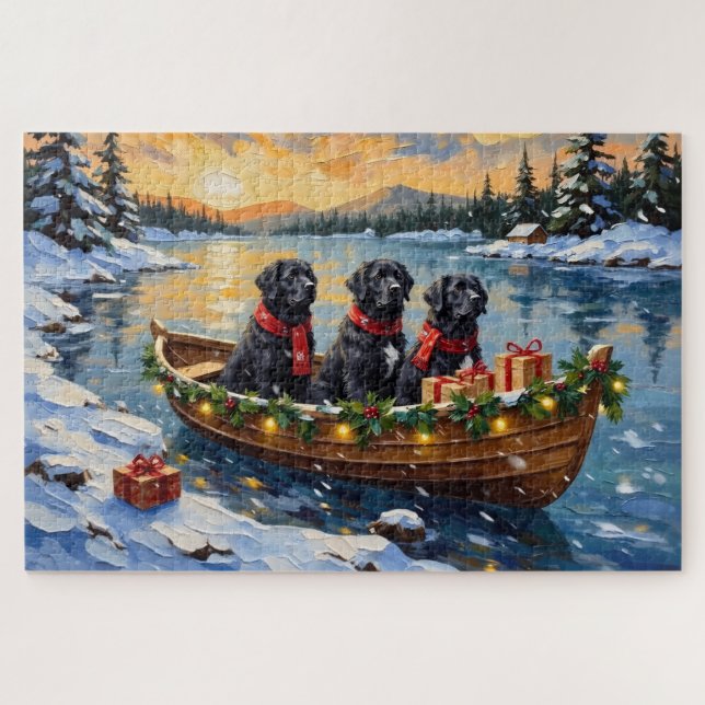 Quebra-cabeça Cão de Terra Nova Natal Barco Festa (Horizontal)