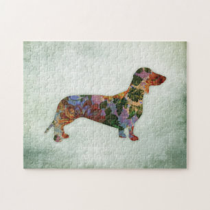 Quebra-cabeça Cão do Dachshund floral no verde