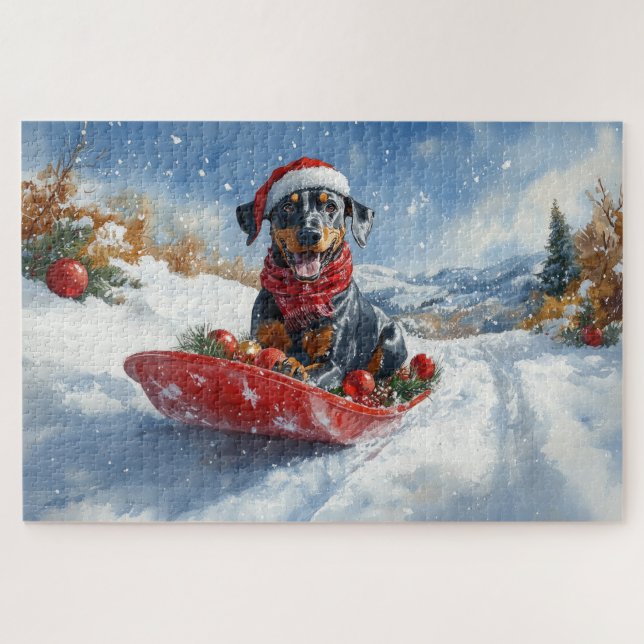 Quebra-cabeça Cão Doberman em Trenó Deixe Nevar Natal (Horizontal)