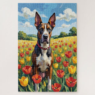 Quebra-cabeça Cão Dogue Alemão Campo de Tulipas da Primavera