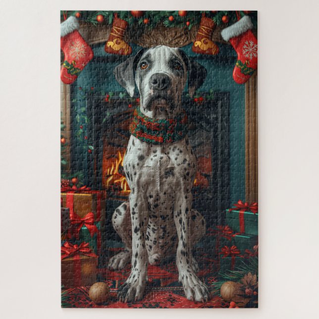 Quebra-cabeça Cão Dogue Alemão Com Presentes De Natal Lareira (Vertical)