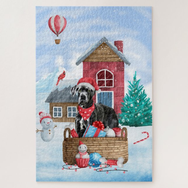 Quebra-cabeça Cão Dogue Alemão na Casa de Natal na Neve (Vertical)