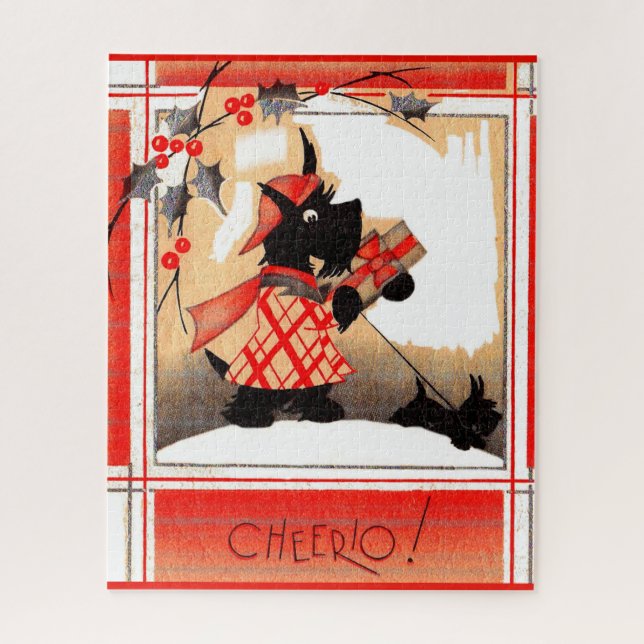 Quebra-cabeça Cão escocês de Natal de 1930 diz "Cheerio" (Vertical)