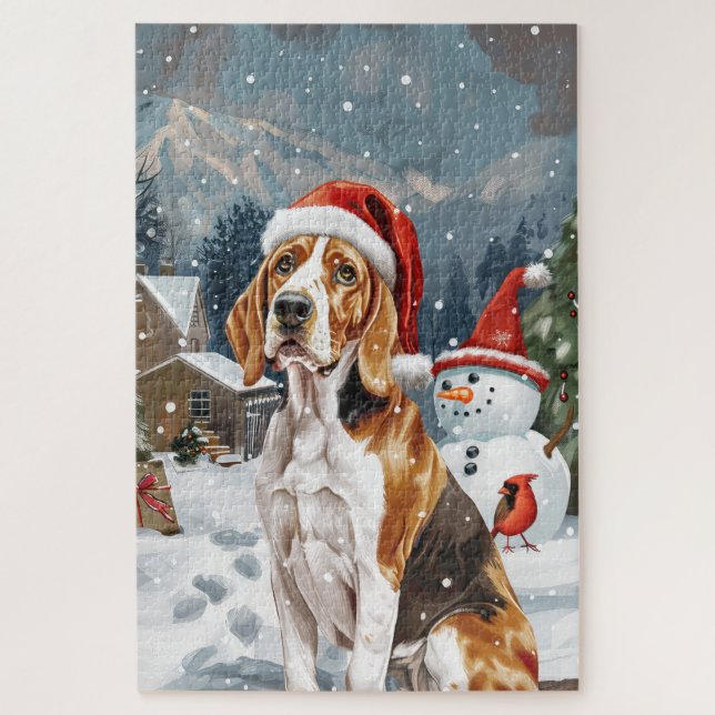 Quebra-cabeça Cão Foxhound Inglês Americano Inverno Natal Alegri (Vertical)